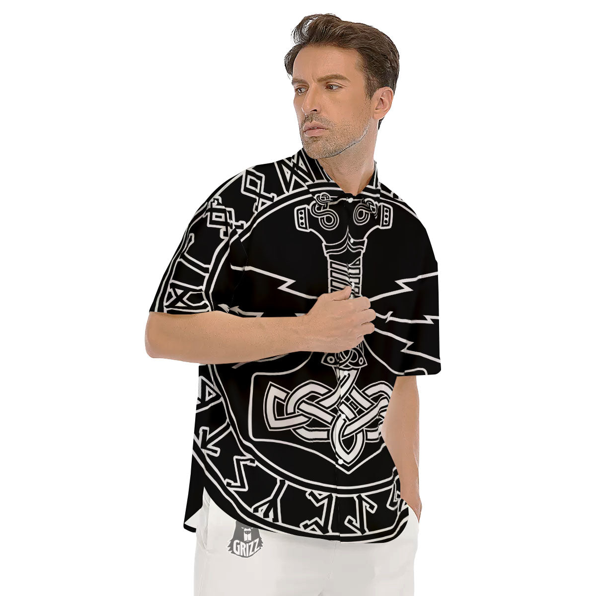 Younger Futhark And Mjolnir Print Men's Short Sleeve Shirts-grizzshop