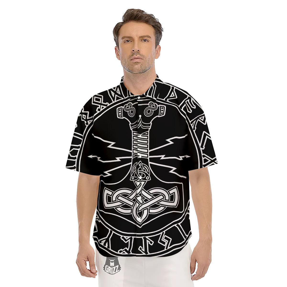 Younger Futhark And Mjolnir Print Men's Short Sleeve Shirts-grizzshop