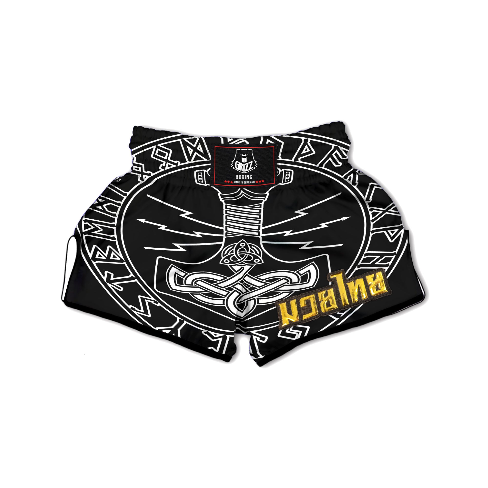 Younger Futhark And Mjolnir Print Muay Thai Boxing Shorts-grizzshop