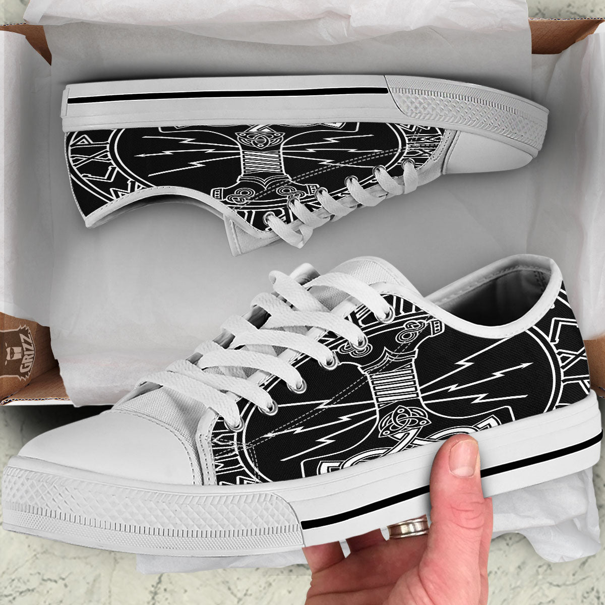 Younger Futhark And Mjolnir Print White Low Top Shoes-grizzshop