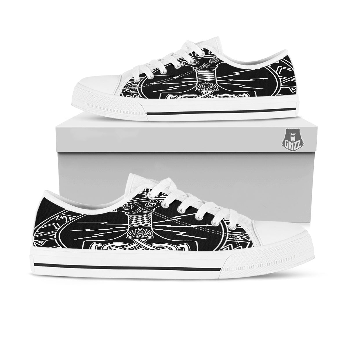 Younger Futhark And Mjolnir Print White Low Top Shoes-grizzshop