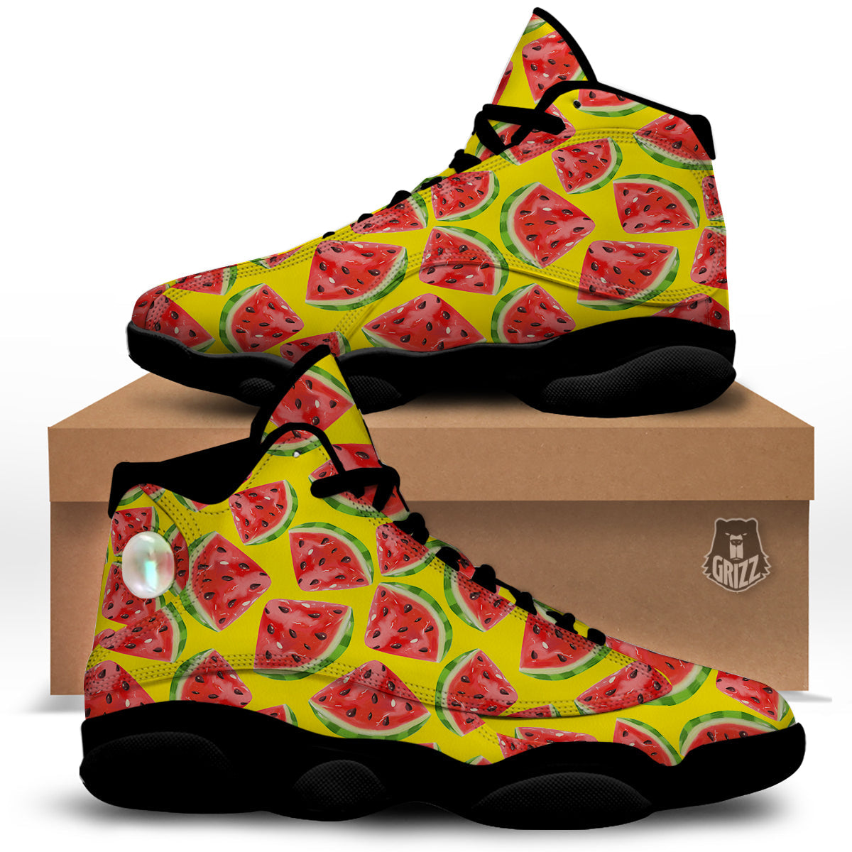Yummy Watermelon Pieces Print Pattern Black Basketball Shoes-grizzshop
