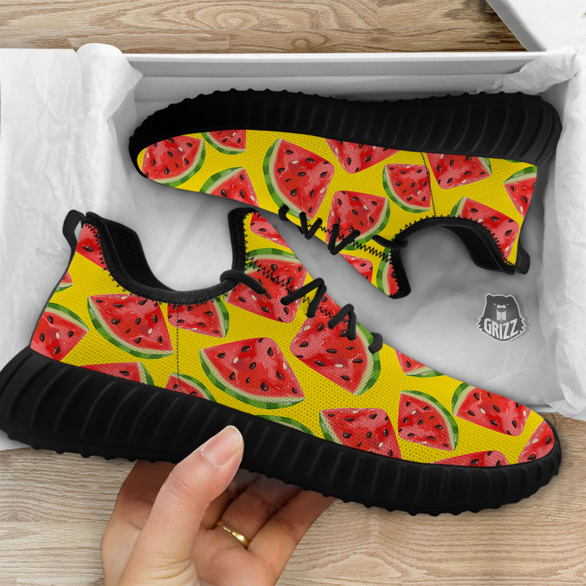Yummy Watermelon Pieces Print Pattern Black Walking Shoes-grizzshop
