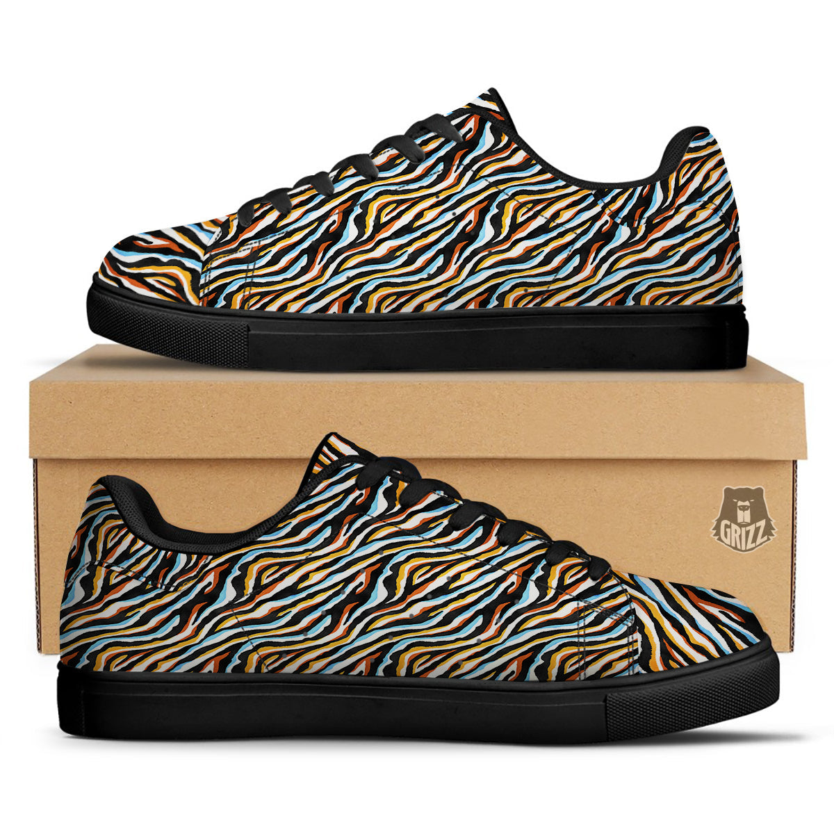 Zebra Abstract Print Pattern Black Low Top Sneakers-grizzshop