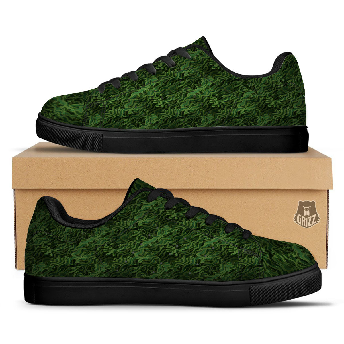 Zebra Camo Green Print Pattern Black Low Top Sneakers-grizzshop