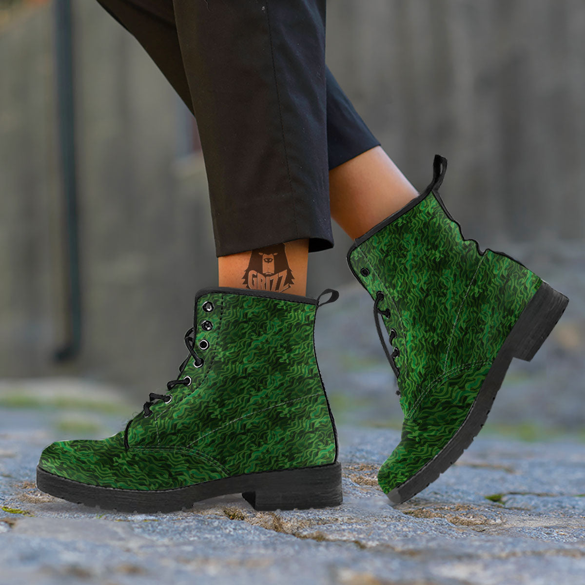 Zebra Camo Green Print Pattern Leather Boots-grizzshop