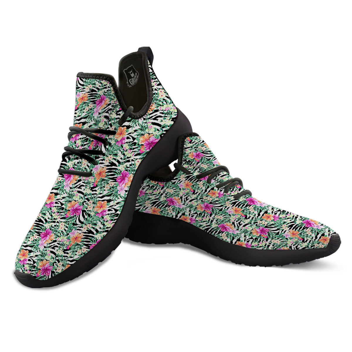 Zebra Floral Black White Print Pattern Black Athletic Shoes-grizzshop