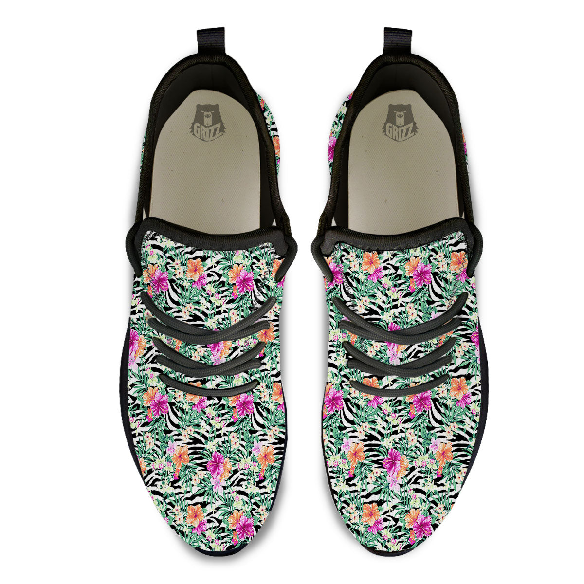 Zebra Floral Black White Print Pattern Black Athletic Shoes-grizzshop