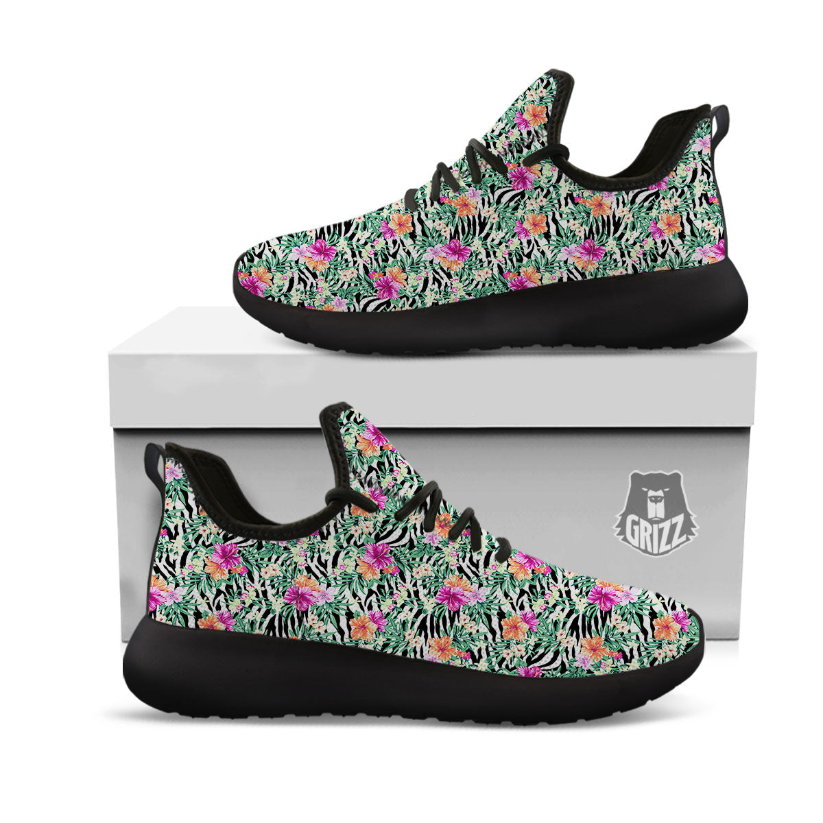 Zebra Floral Black White Print Pattern Black Athletic Shoes-grizzshop
