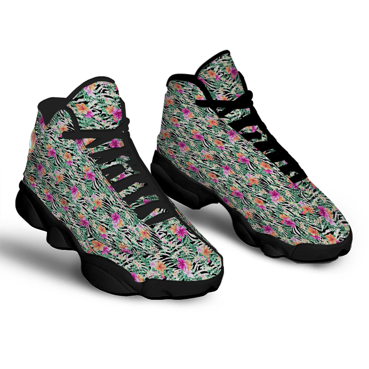 Zebra Floral Black White Print Pattern Black Basketball Shoes-grizzshop