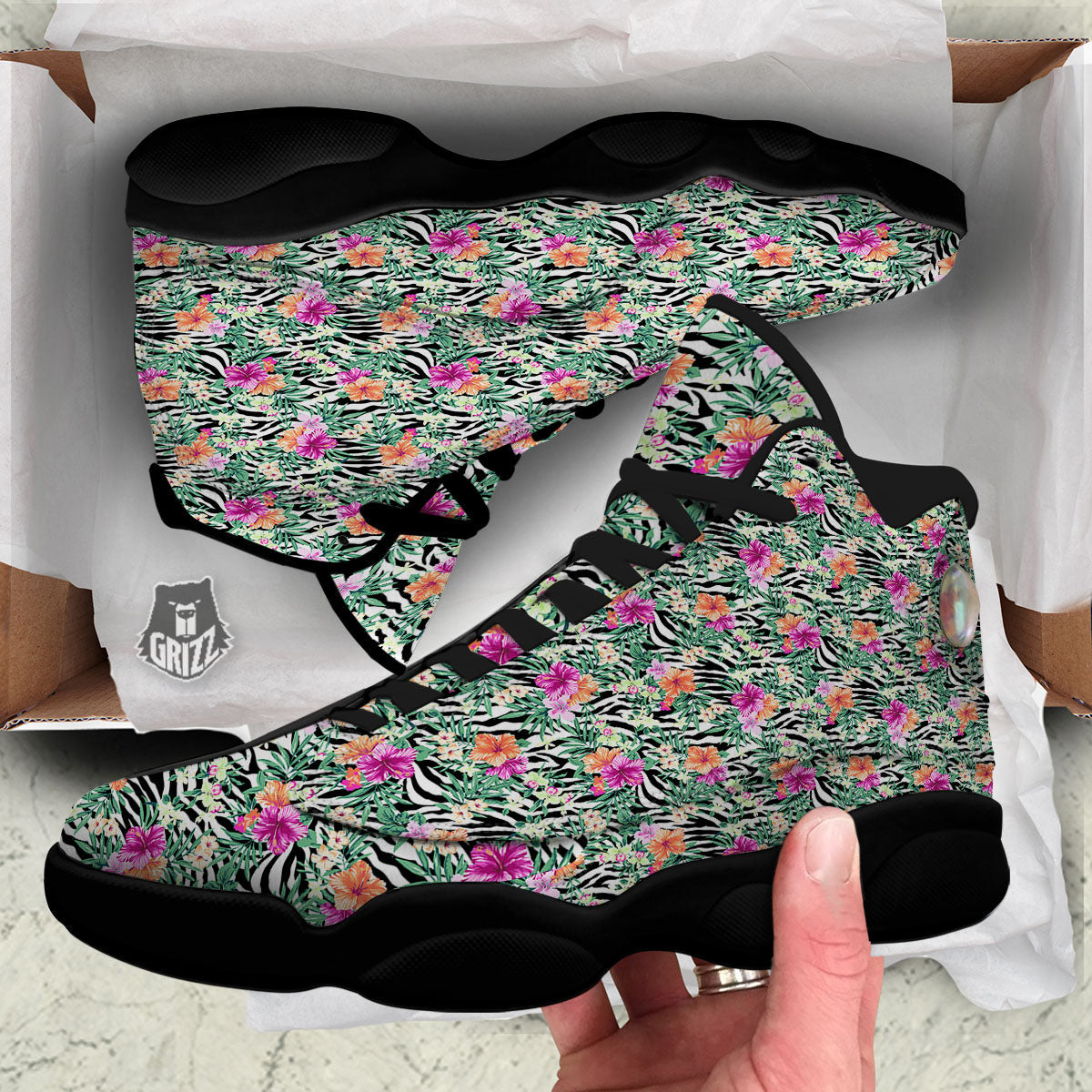 Zebra Floral Black White Print Pattern Black Basketball Shoes-grizzshop