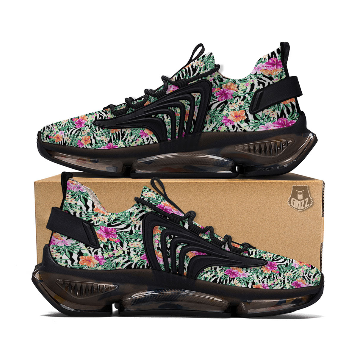 Zebra Floral Black White Print Pattern Black Gym Shoes-grizzshop