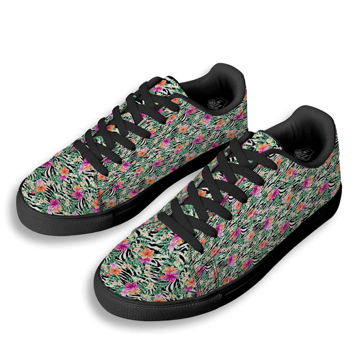 Zebra Floral Black White Print Pattern Black Low Top Sneakers-grizzshop