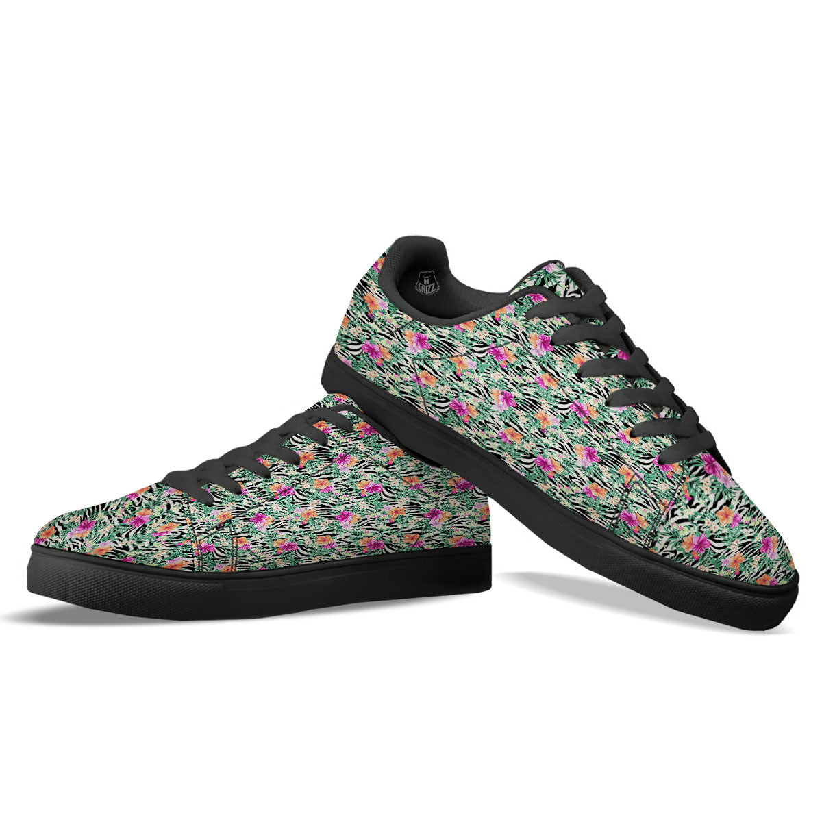 Zebra Floral Black White Print Pattern Black Low Top Sneakers-grizzshop