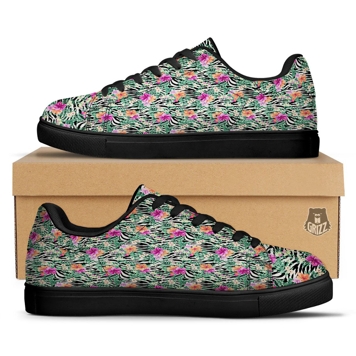 Zebra Floral Black White Print Pattern Black Low Top Sneakers-grizzshop