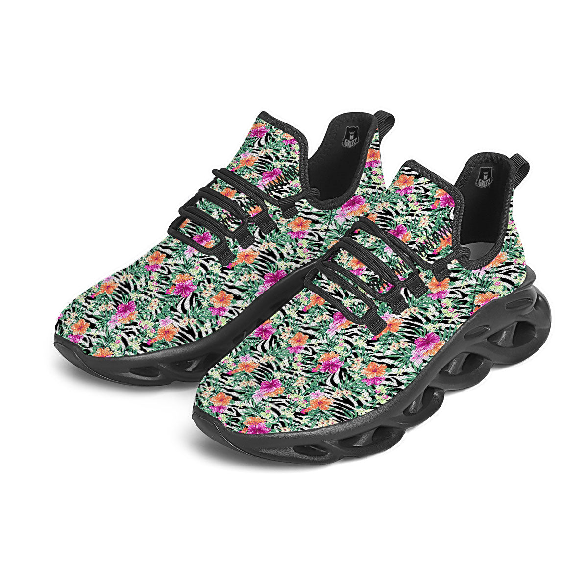 Zebra Floral Black White Print Pattern Black Running Shoes-grizzshop