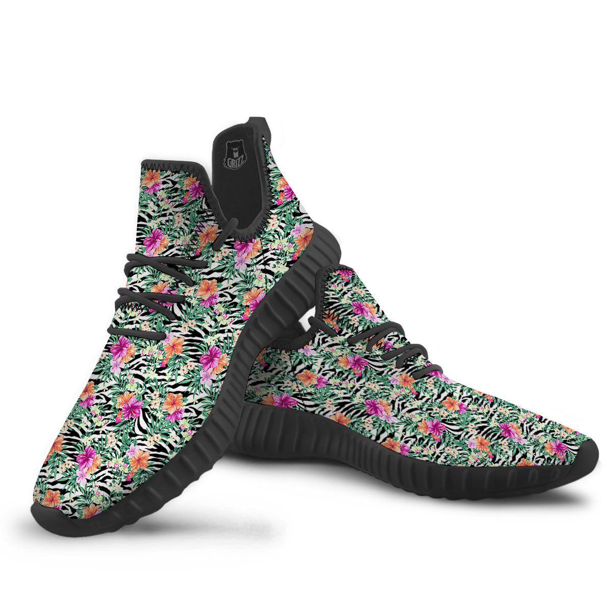 Zebra Floral Black White Print Pattern Black Walking Shoes-grizzshop