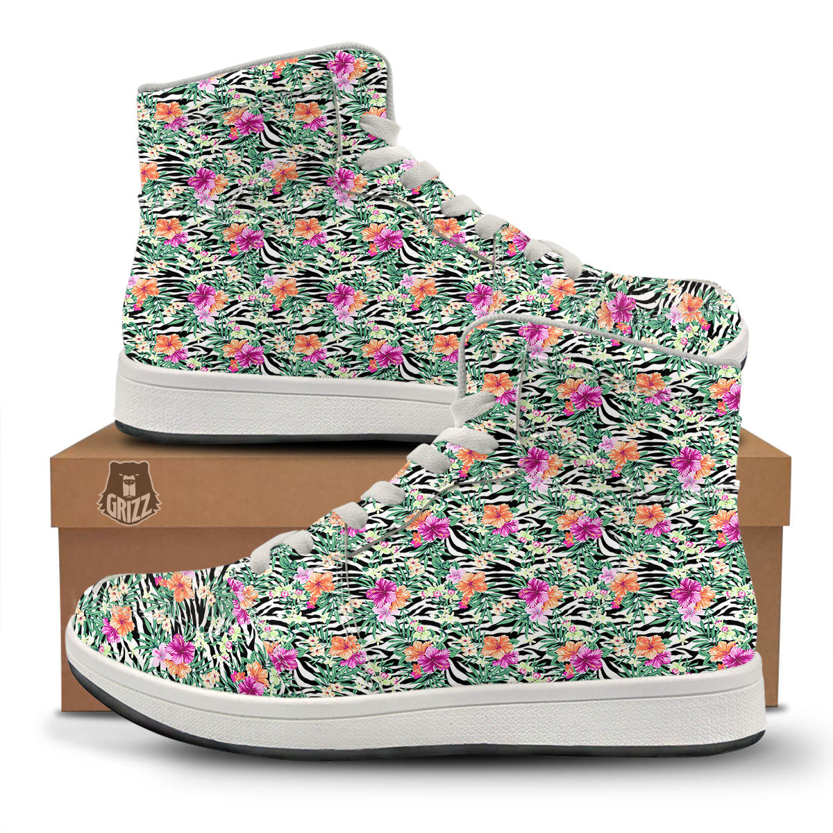 Zebra Floral Black White Print Pattern High Top Sneakers-grizzshop
