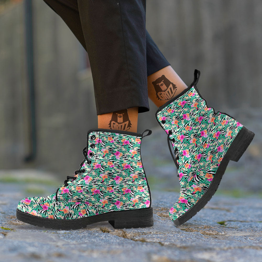 Zebra Floral Black White Print Pattern Leather Boots-grizzshop