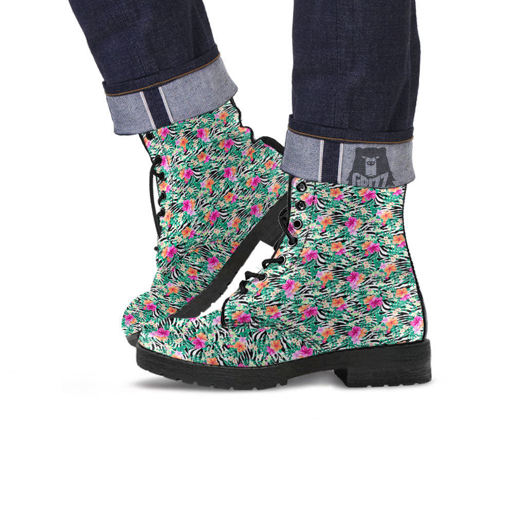 Zebra Floral Black White Print Pattern Leather Boots-grizzshop