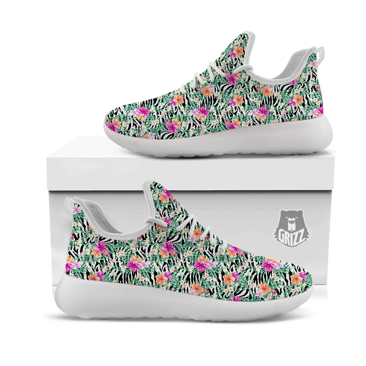 Zebra Floral Black White Print Pattern White Athletic Shoes-grizzshop