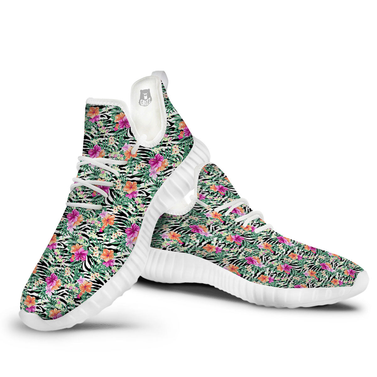 Zebra Floral Black White Print Pattern White Walking Shoes-grizzshop