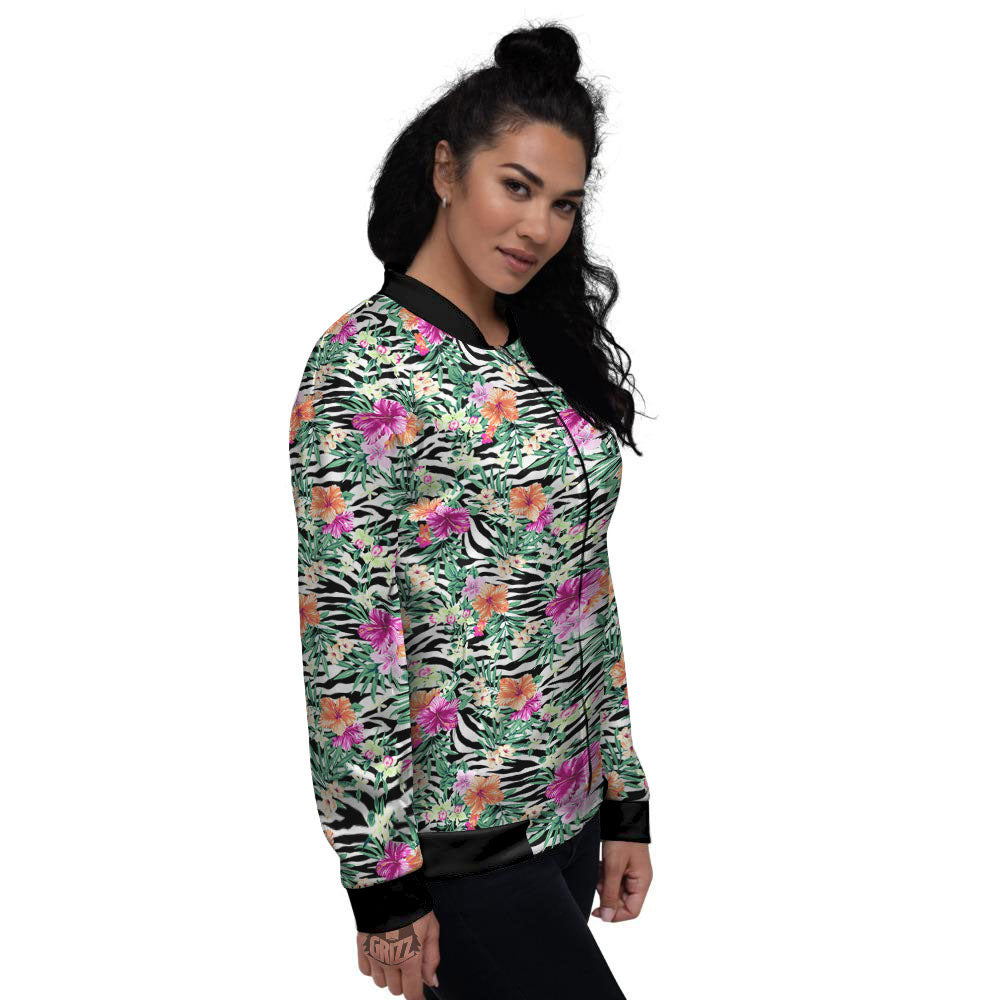 Zebra Floral Black White Print Pattern Women's Bomber Jacket-grizzshop