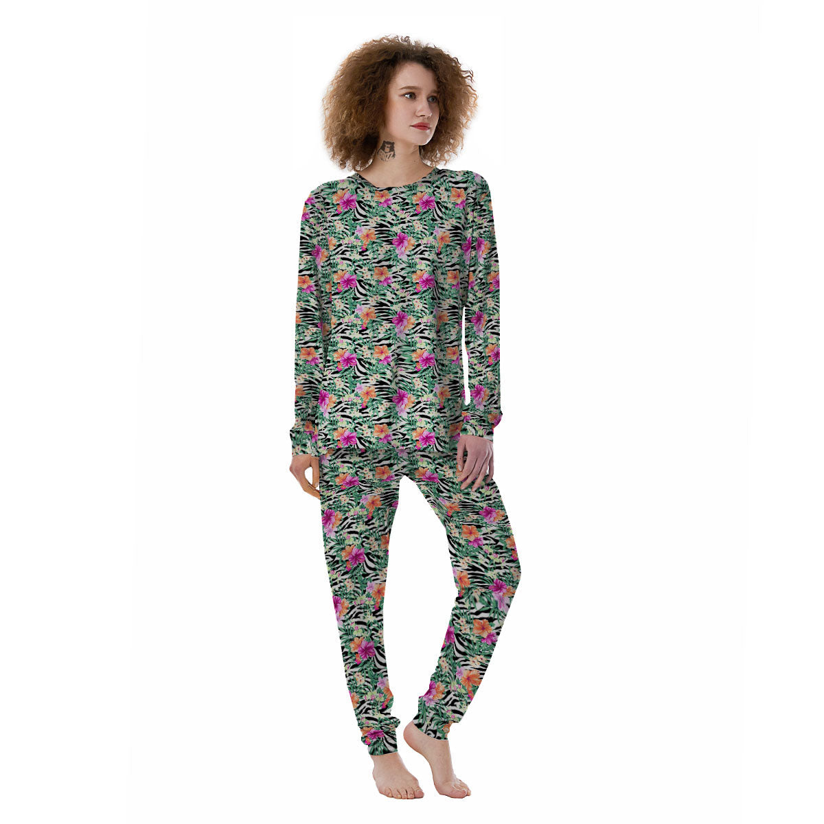 Zebra Floral Black White Print Pattern Women's Pajamas-grizzshop