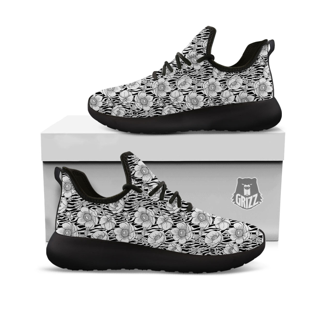 Zebra Flower Black White Print Pattern Black Athletic Shoes-grizzshop