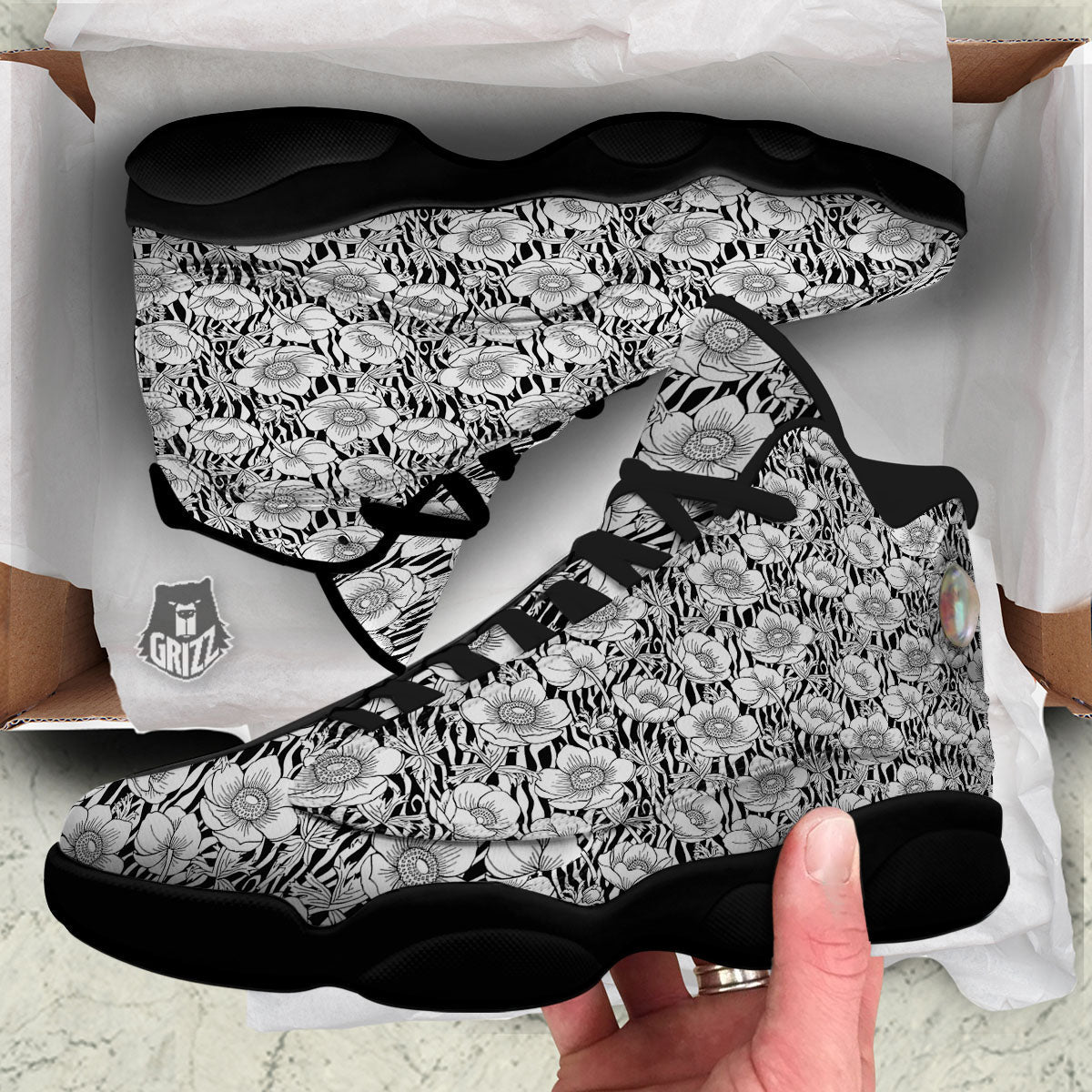 Zebra Flower Black White Print Pattern Black Basketball Shoes-grizzshop