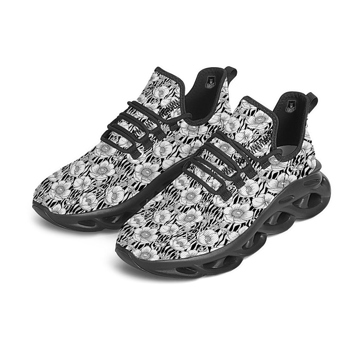 Zebra Flower Black White Print Pattern Black Running Shoes-grizzshop