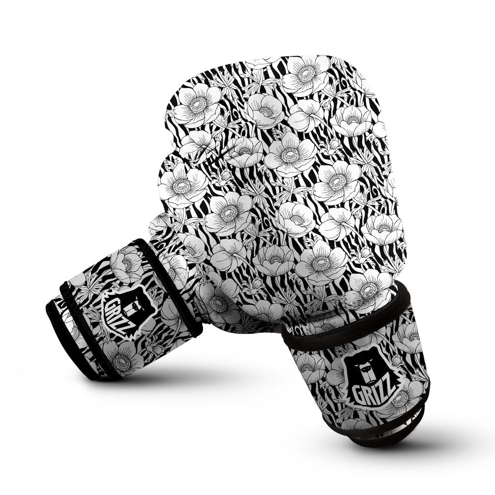 Zebra Flower Black White Print Pattern Boxing Gloves-grizzshop