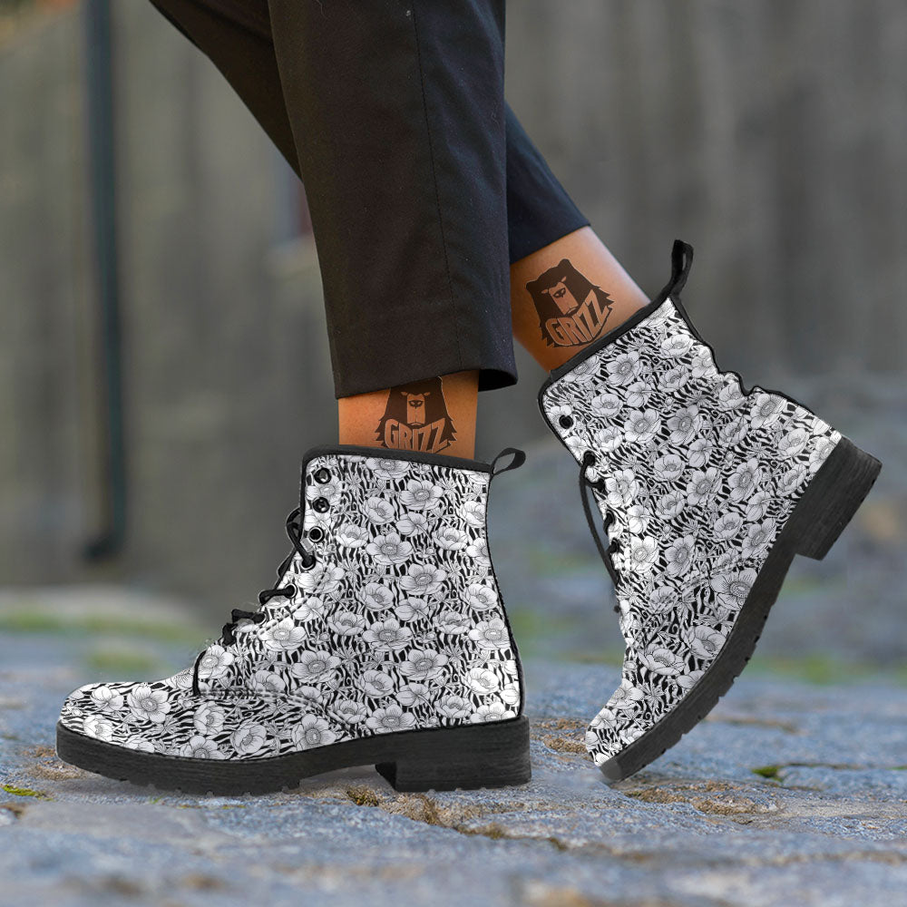 Zebra Flower Black White Print Pattern Leather Boots-grizzshop