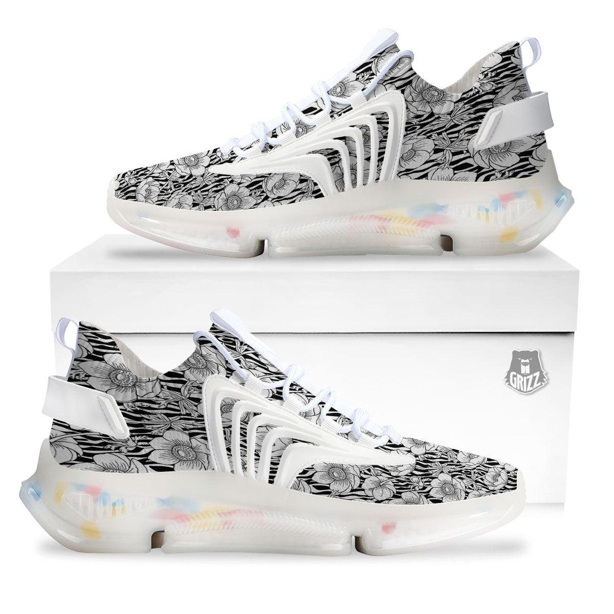 Zebra Flower Black White Print Pattern White Gym Shoes-grizzshop