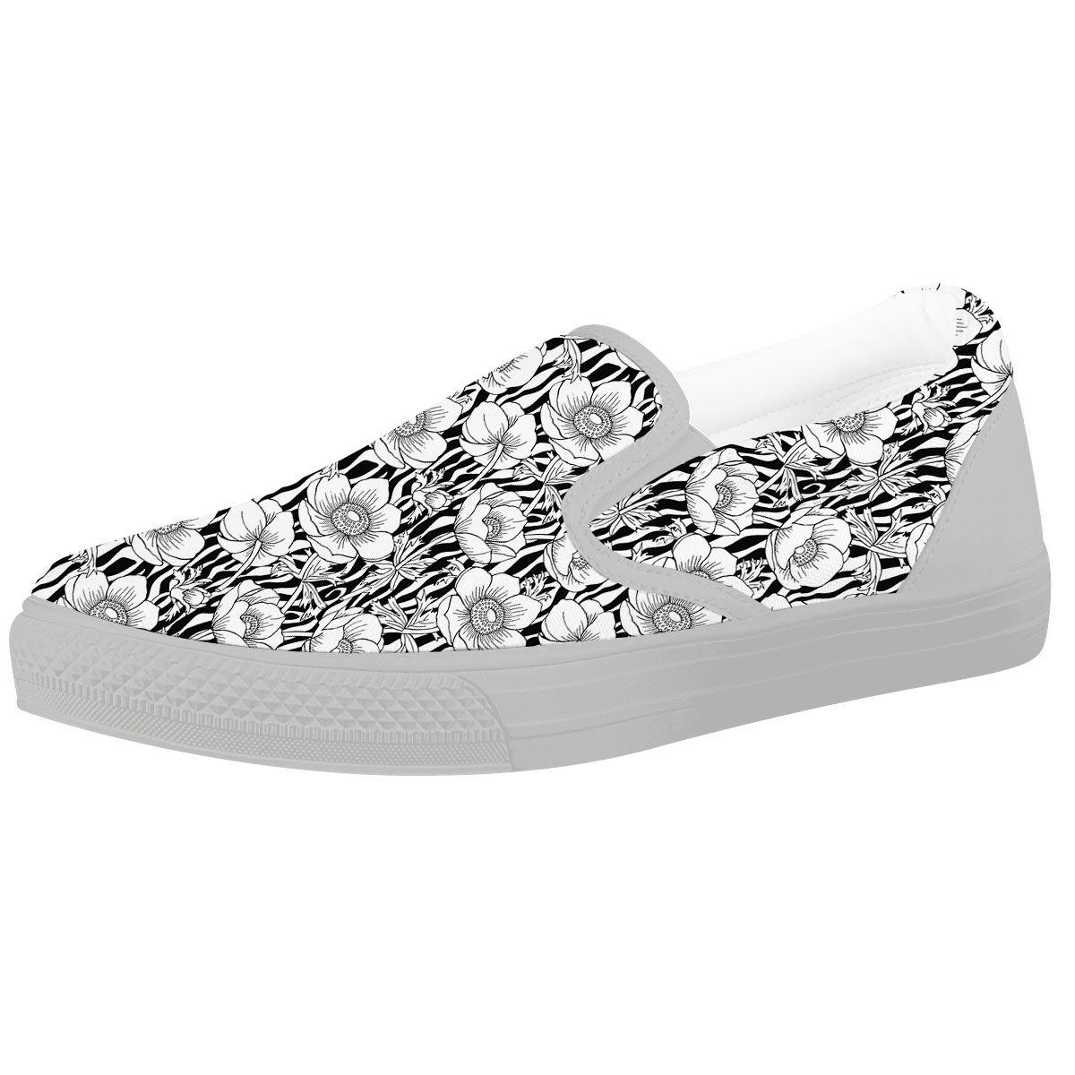 Zebra Flower Black White Print Pattern White Slip On Shoes-grizzshop