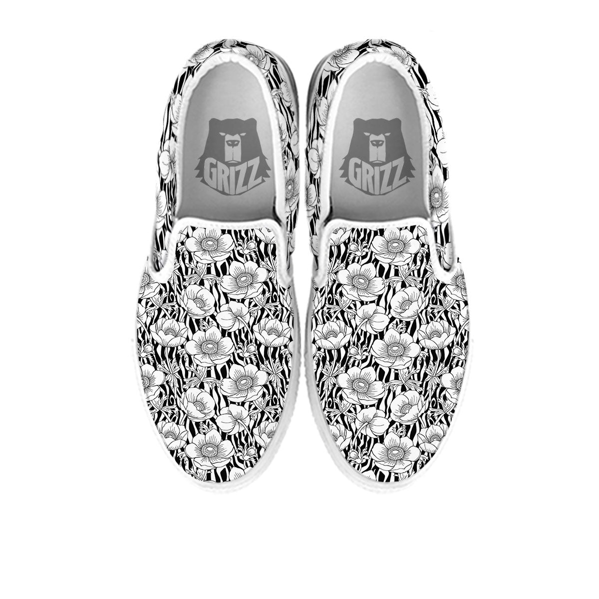 Zebra Flower Black White Print Pattern White Slip On Shoes-grizzshop