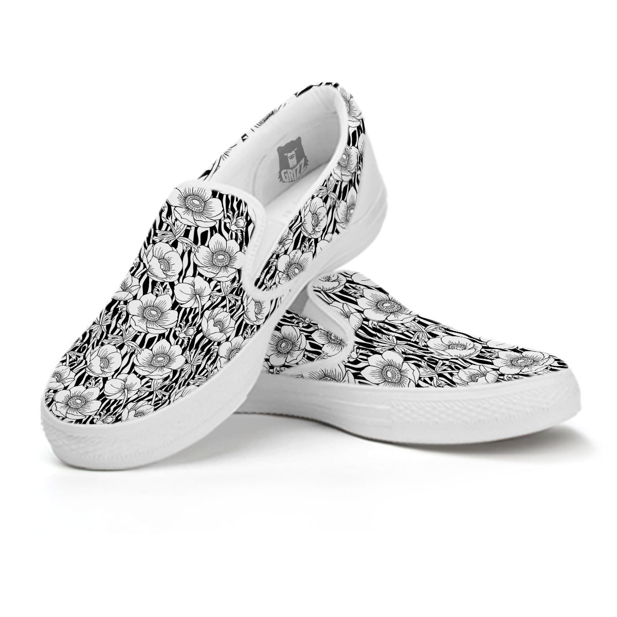 Zebra Flower Black White Print Pattern White Slip On Shoes-grizzshop