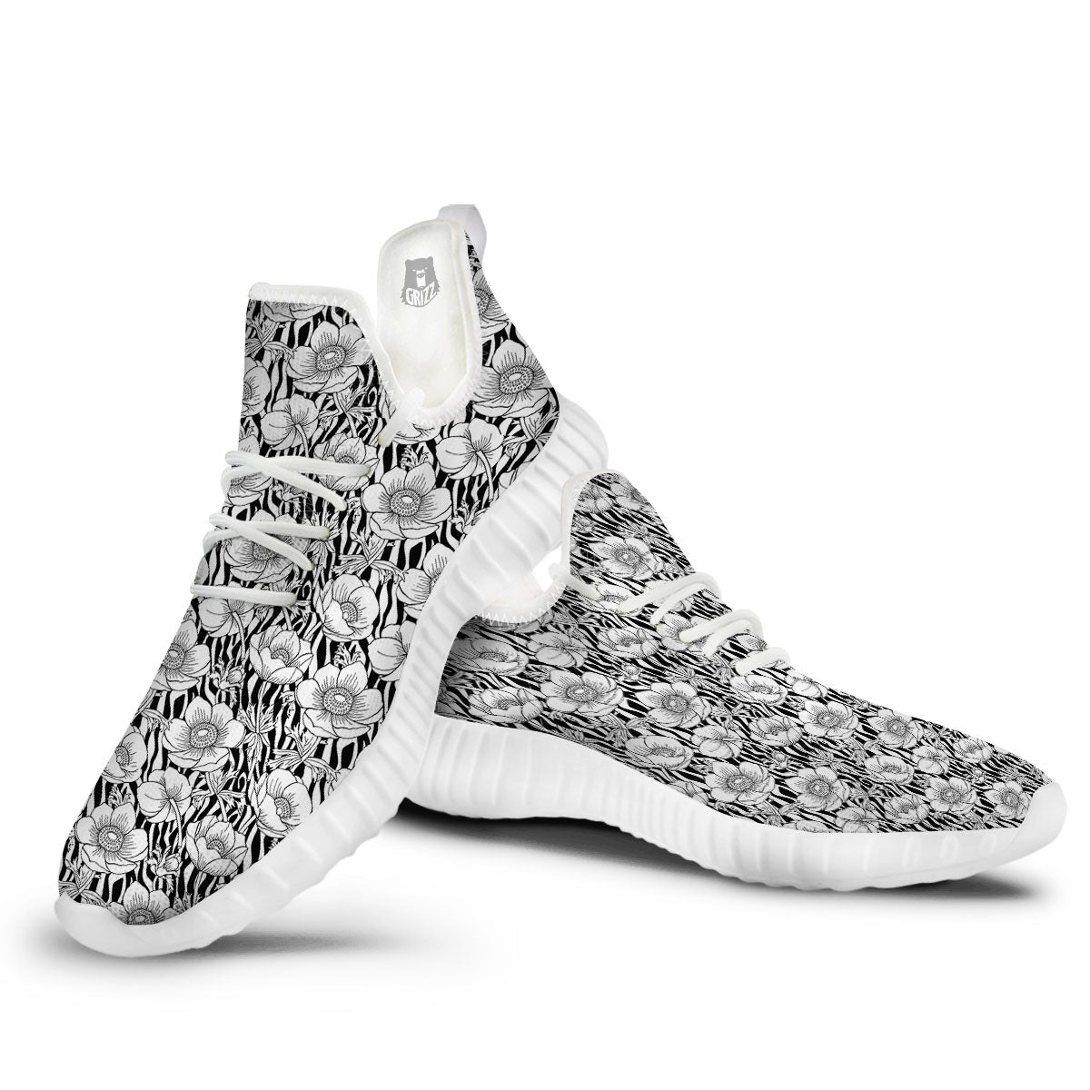 Zebra Flower Black White Print Pattern White Walking Shoes-grizzshop