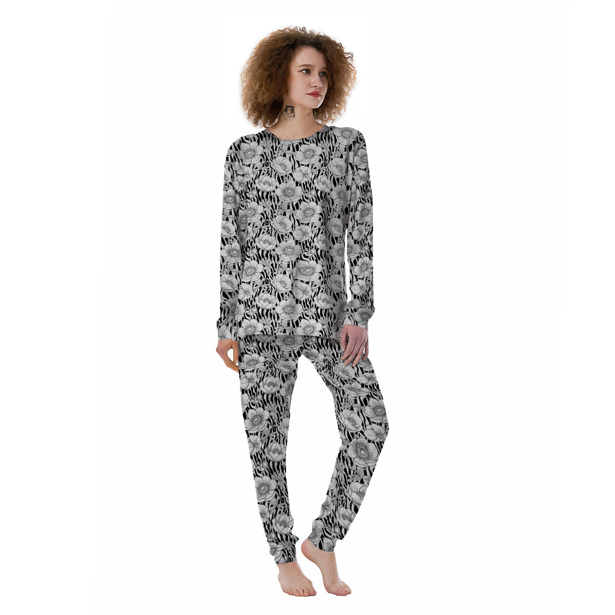 Zebra Flower Black White Print Pattern Women's Pajamas-grizzshop