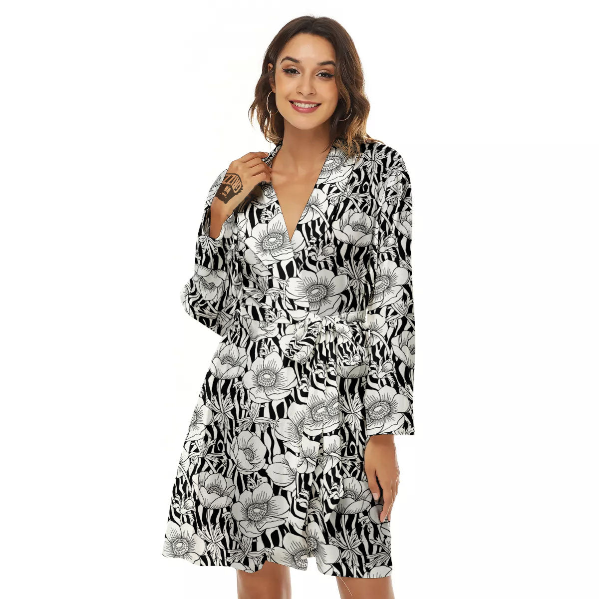 Zebra Flower Black White Print Pattern Women's Robe-grizzshop