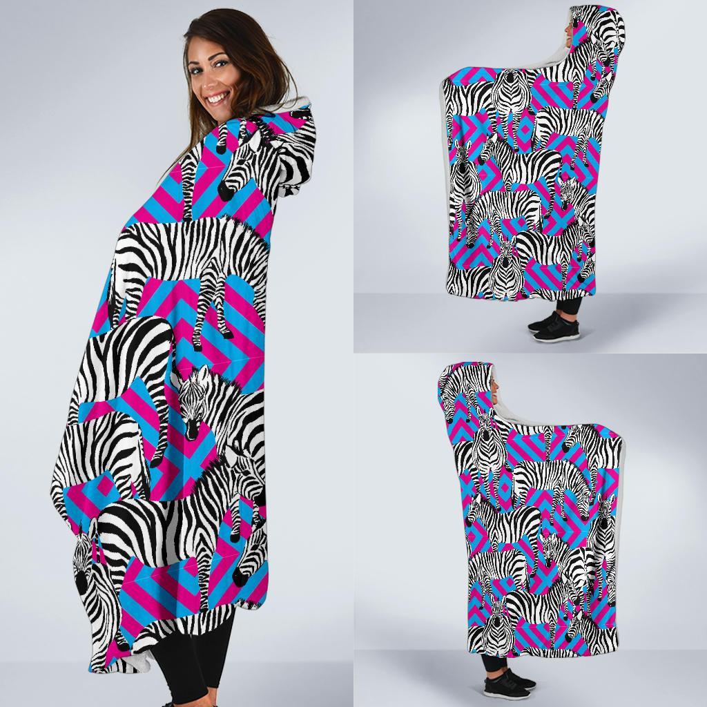 Zebra Neon Pattern Print Hooded Blanket-grizzshop