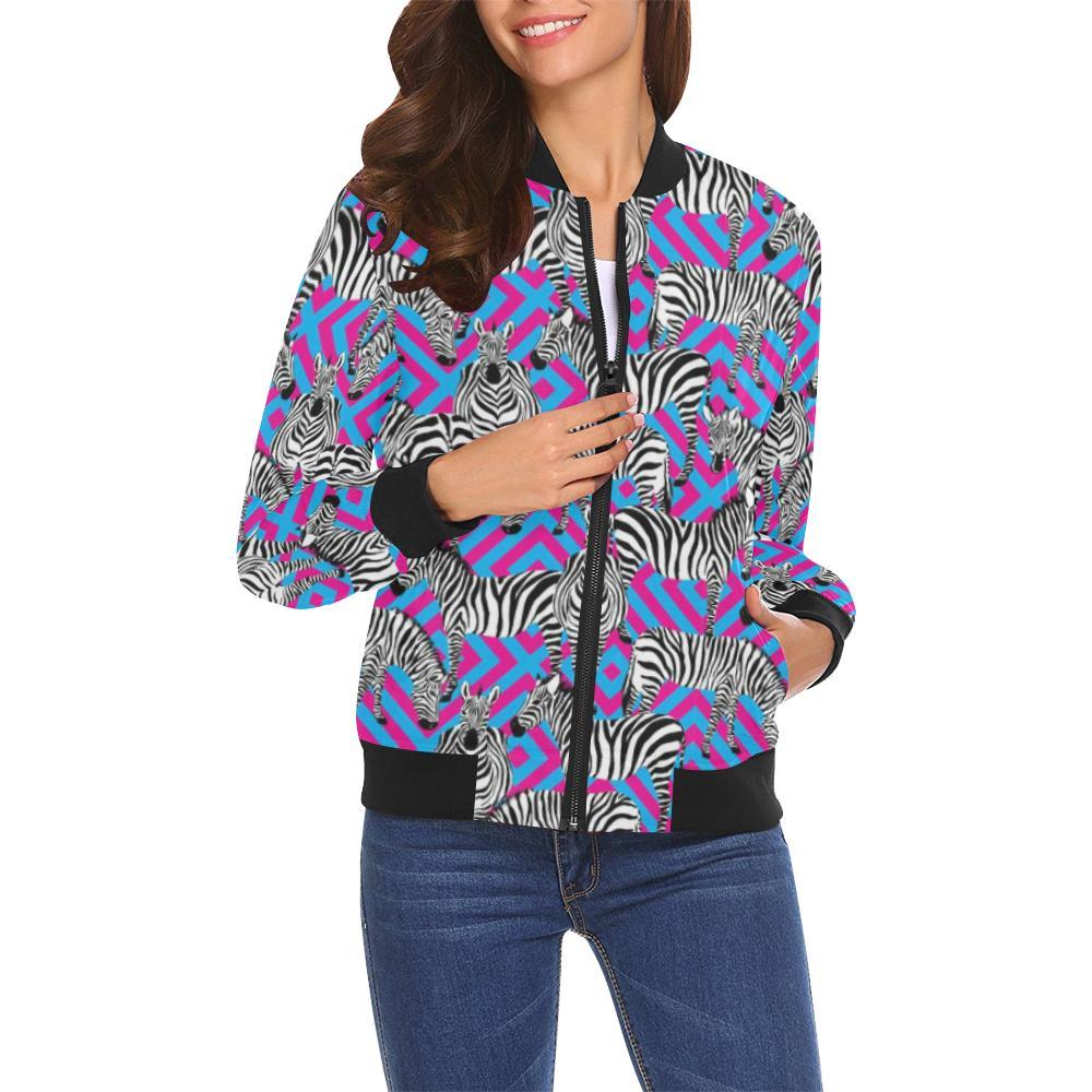 Zebra Neon Pattern Print Women Casual Bomber Jacket-grizzshop