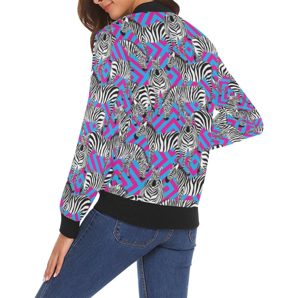 Zebra Neon Pattern Print Women Casual Bomber Jacket-grizzshop