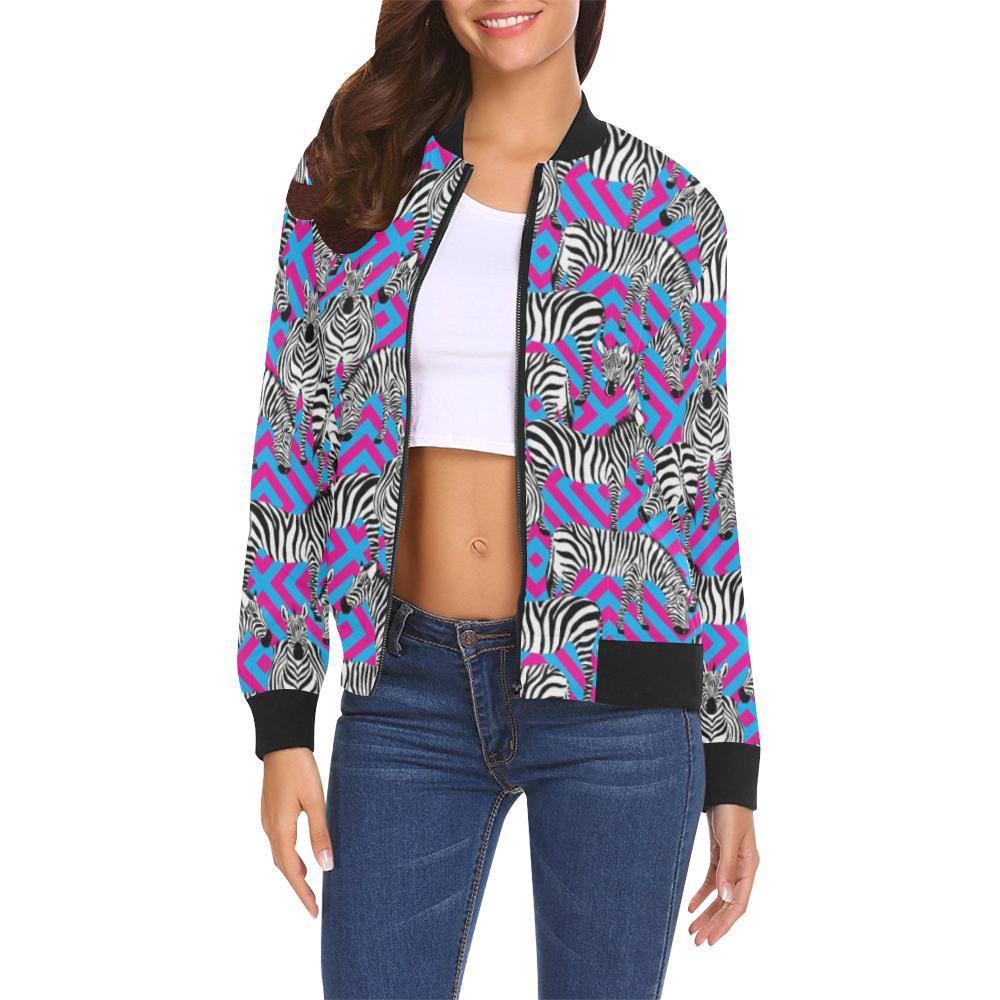 Zebra Neon Pattern Print Women Casual Bomber Jacket-grizzshop