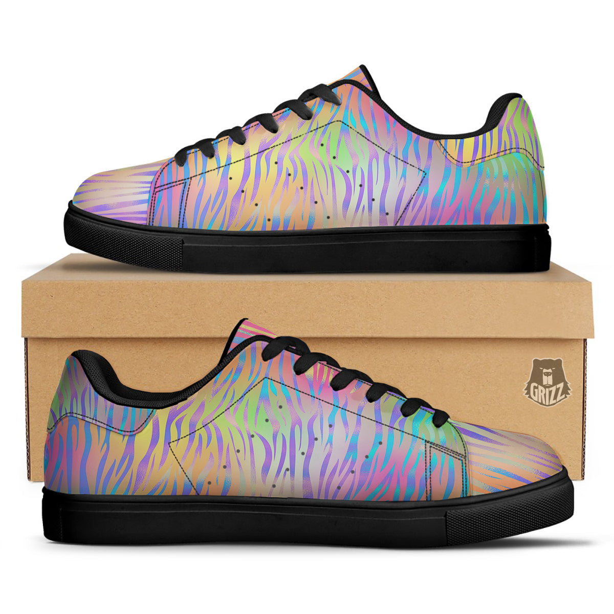 Zebra Pastel Print Pattern Black Low Top Sneakers-grizzshop