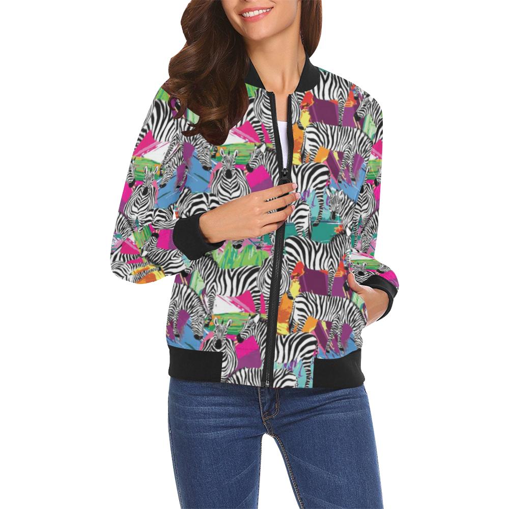 Zebra Pattern PrintWomen Casual Bomber Jacket-grizzshop