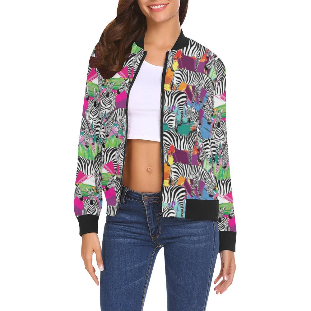 Zebra Pattern PrintWomen Casual Bomber Jacket-grizzshop