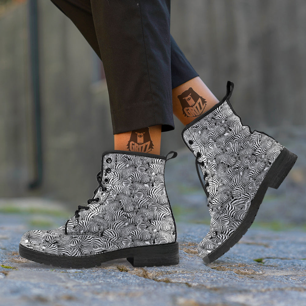 Zebra Striped Black And White Print Pattern Leather Boots-grizzshop
