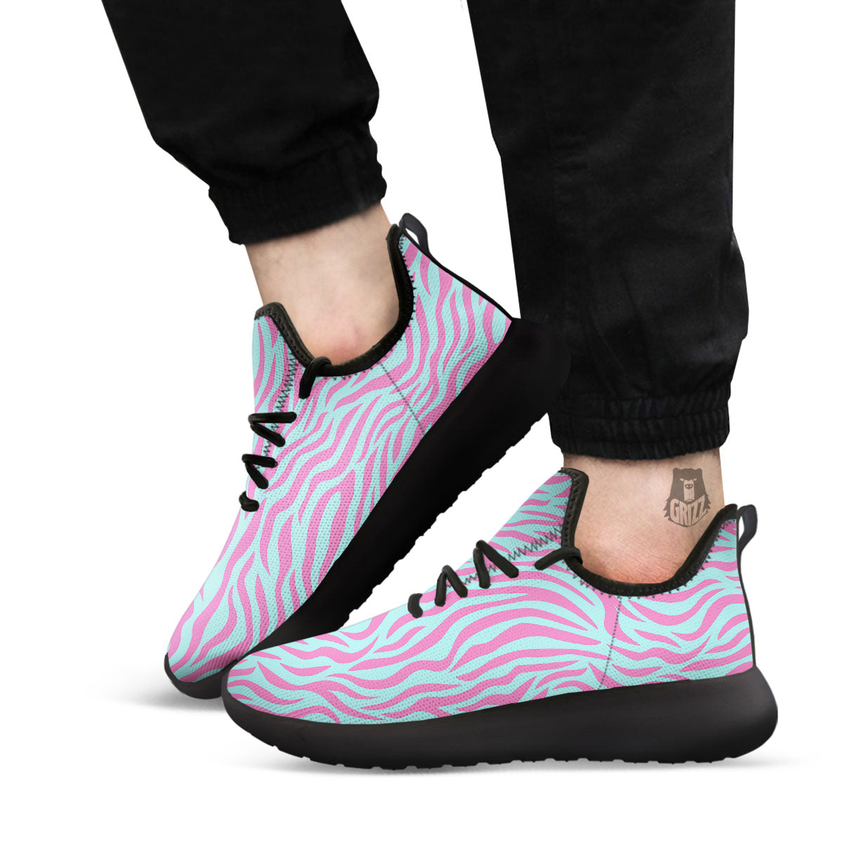 Zebra Stripes Blue And Pink Print Black Athletic Shoes-grizzshop