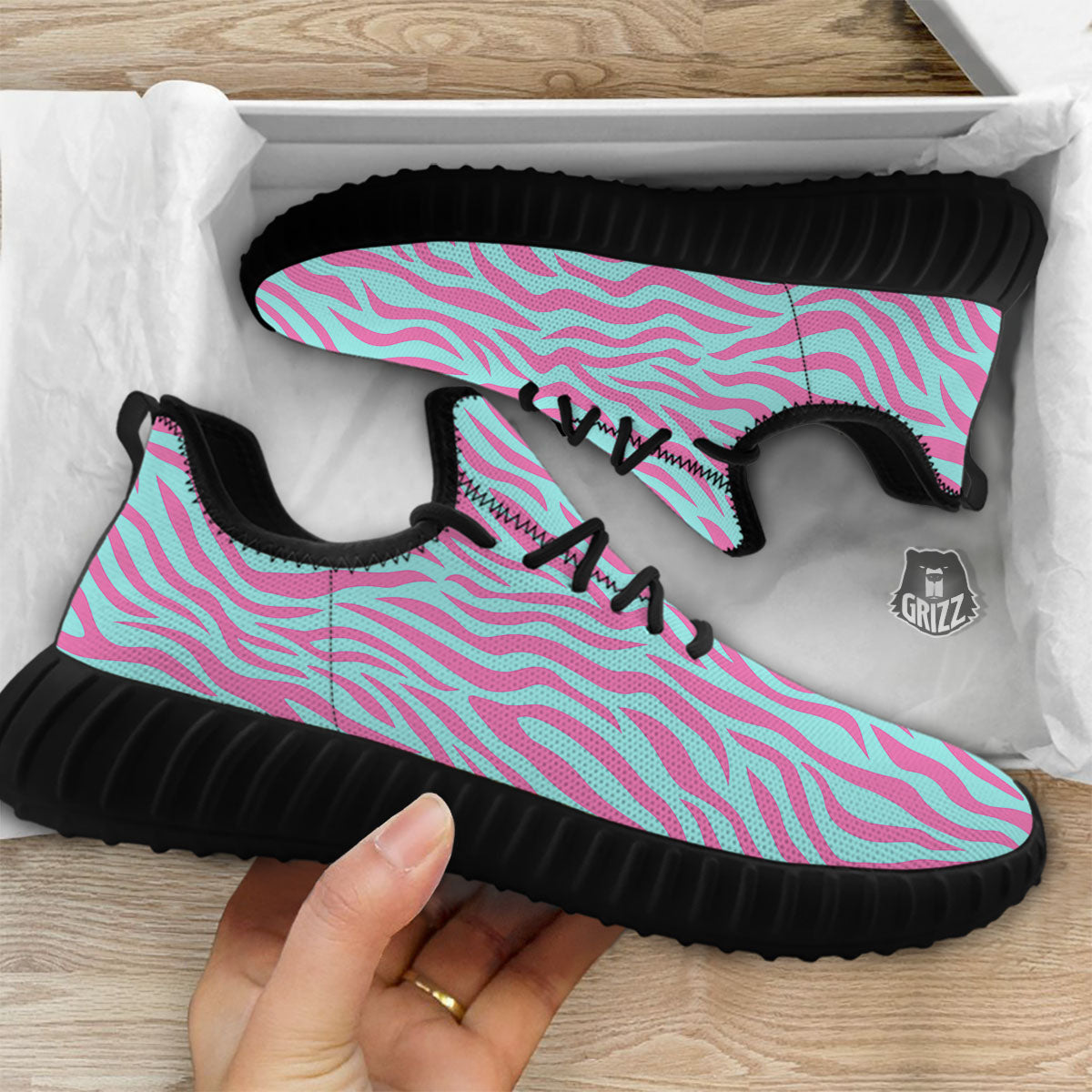 Zebra Stripes Blue And Pink Print Black Walking Shoes-grizzshop